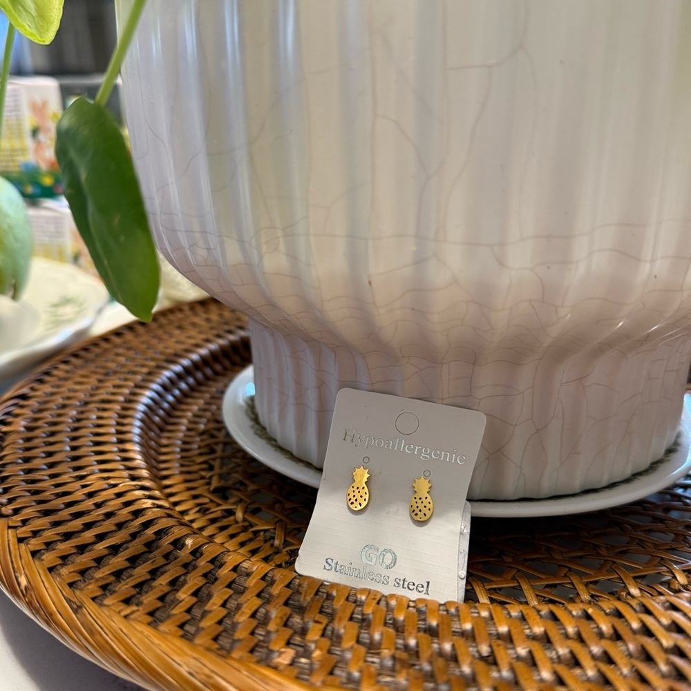 Gold Pineapple Stud Earrings - Stainless Steel Making Waves Inc